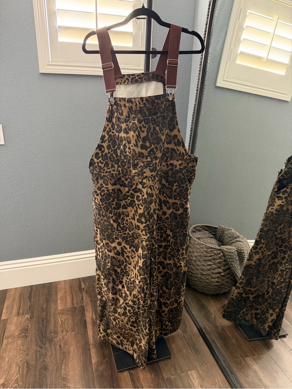 Cider Leopard Print Wide-Leg Jumpsuit with Brown Straps